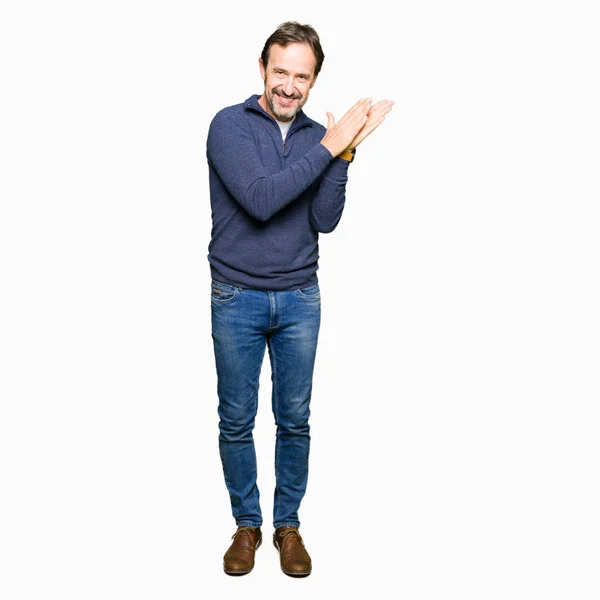 Middle Age Handsome Man Wearing Sweater Clapping Applauding Happy Joyful — Stock Photo, Image