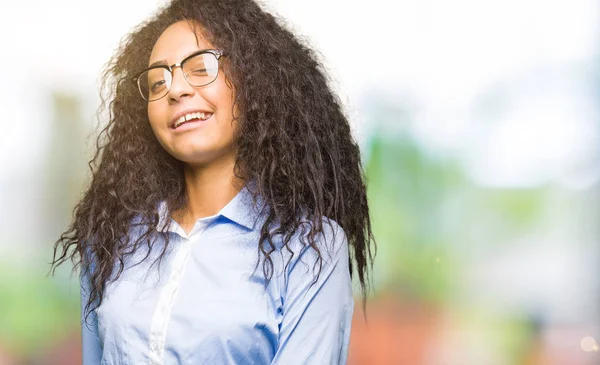 Young Beautiful Business Girl Curly Hair Wearing Glasses Winking Looking — Stock Photo, Image