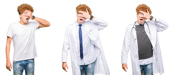 Collage Eines Jungen Arztes Medizinischem Mantel Vor Isoliertem Weißen Hintergrund — Stockfoto