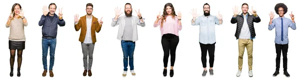 Collage People White Isolated Background Showing Pointing Fingers Number Seven — Stock Photo, Image