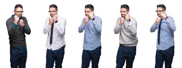 Colagem Homem Negócios Bonito Sobre Fundo Isolado Branco Pronto Para — Fotografia de Stock