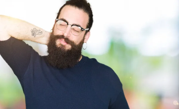 Young Hipster Man Long Hair Beard Wearing Glasses Suffering Neck — Stock Photo, Image