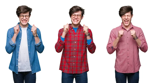 Collage Ung Man Över Isolerade Vitbakgrund Glada För Framgång Med — Stockfoto