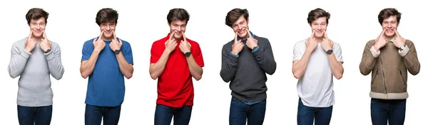 Collage Jeune Homme Sur Fond Blanc Isolé Sourire Avec Bouche — Photo