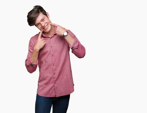 Joven Hombre Negocios Guapo Sobre Fondo Aislado Sonriendo Confiado Mostrando — Foto de Stock