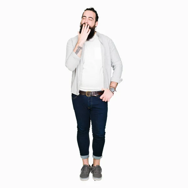 Young Man Long Hair Beard Earrings Bored Yawning Tired Covering — Stock Photo, Image