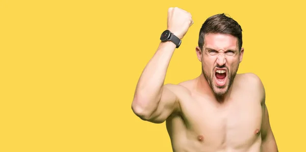 Handsome Shirtless Man Showing Nude Chest Angry Mad Raising Fist — Stock Photo, Image