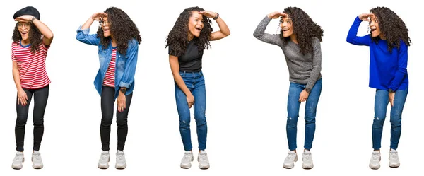 Collage Beautiful Young Woman Curly Hair White Isolated Background Very — Stock Photo, Image