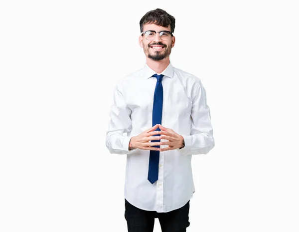 Mladý Pohledný Obchodní Muž Nosí Brýle Nad Izolované Pozadí Ruce — Stock fotografie