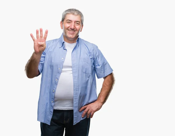 Красивий Старший Чоловік Над Ізольованим Тлом Показуючи Вказуючи Пальцями Номер — стокове фото