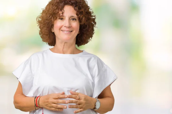 Arka Plan Eller Üzerinde Beyaz Shirt Giyen Güzel Orta Ager — Stok fotoğraf