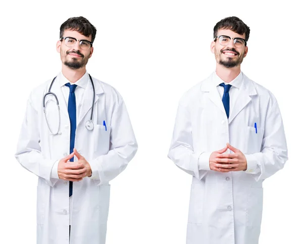 医療コート手を一緒に着ている若い医師男と指のコラージュは リラックスして 陽気な笑顔を渡った 成功と楽観的な — ストック写真