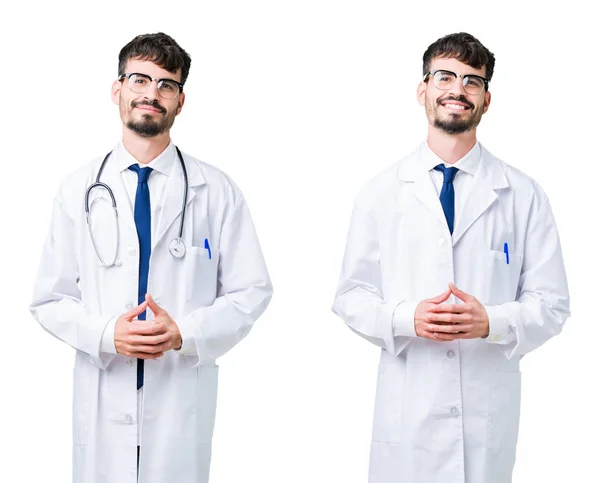 Collage Jeune Médecin Homme Vêtu Manteau Médical Les Mains Jointes — Photo