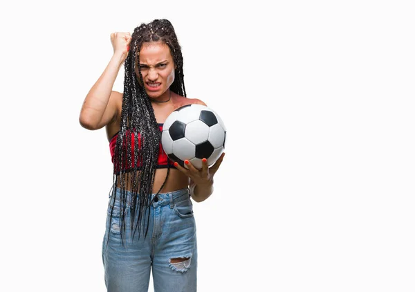 Joven Cabello Trenzado Afroamericano Con Marca Nacimiento Sosteniendo Pelota Fútbol —  Fotos de Stock