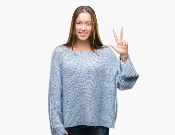 Young Beautiful Caucasian Woman Wearing Winter Sweater Isolated Background Showing — Stock Photo, Image