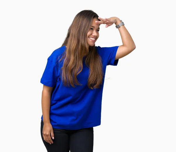 Jonge Mooie Brunette Vrouw Draagt Blauwe Shirt Geïsoleerde Achtergrond Erg — Stockfoto