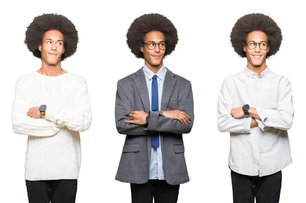 Colagem Jovem Com Cabelo Afro Sobre Fundo Isolado Branco Sorrindo — Fotografia de Stock