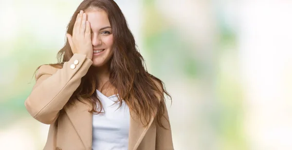 Vackra Storlek Ung Kvinna Iförd Vinterpäls Över Isolerade Bakgrund Som — Stockfoto