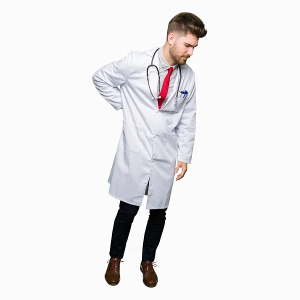 Young Handsome Doctor Man Wearing Medical Coat Suffering Backache Touching — Stock Photo, Image