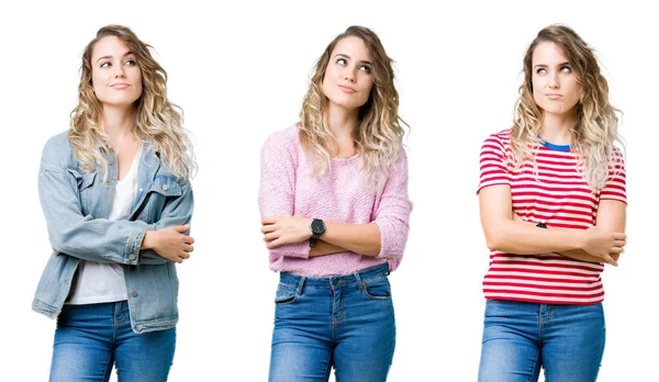 Collage Joven Hermosa Chica Rubia Sobre Fondo Aislado Sonriendo Mirando —  Fotos de Stock
