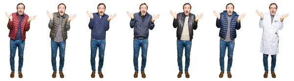 Collage Van Knappe Middelbare Leeftijd Man Dragen Verschillende Kijkt Witte — Stockfoto