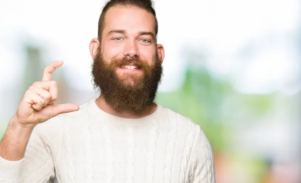 Young Hipster Man Wearing Winter Sweater Smiling Confident Gesturing Hand — Stock Photo, Image