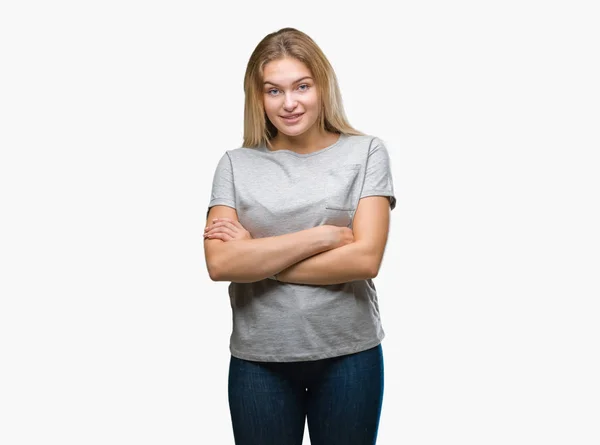 Young Caucasian Woman Isolated Background Happy Face Smiling Crossed Arms — Stock Photo, Image