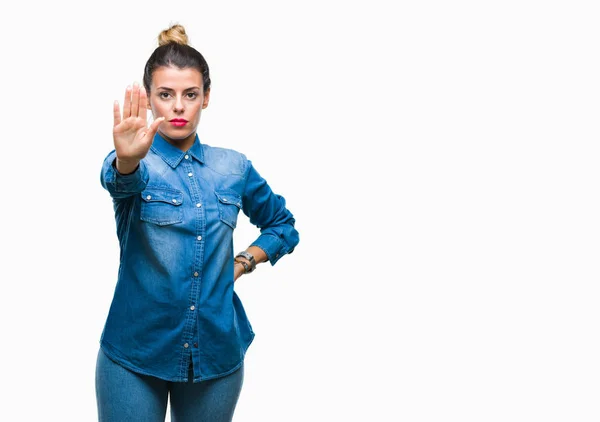 Young Beautiful Woman Isolated Background Doing Stop Sing Palm Hand — Stock Photo, Image