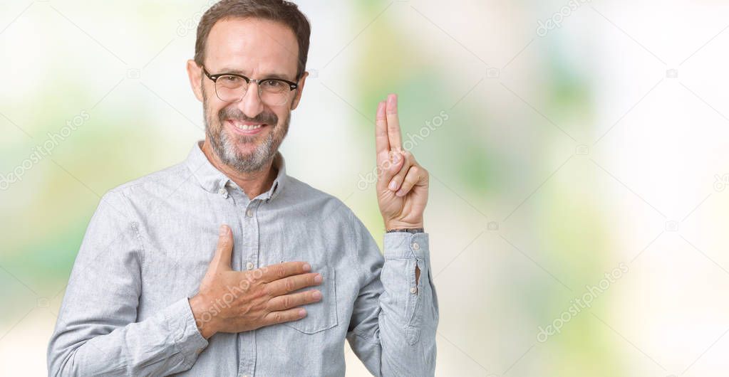 Handsome middle age elegant senior man wearing glasses over isolated background Swearing with hand on chest and fingers, making a loyalty promise oath