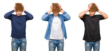 Çünkü çaresiz ve stresli baş ağrısı acı izole beyaz arka plan üzerinde kıvırcık saçlı genç erkekler kolaj ağrı ve Migren. Ellerini kafasına.