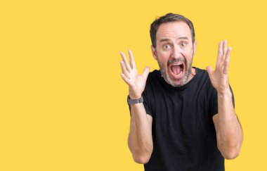 Yakışıklı orta yaş ağarmış üst düzey adam deli kutluyor arka plan izole ve başarı için kaldırdı kollarını açarak hayrete ve heyecanlı çığlık gözleri açık. Kazanan kavramı