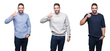 Kolaj bir hareketi el ile mutlu yaşasın yapıyor beyaz izole arka plan üzerinde yakışıklı iş adamı. Başarı gösteren kameraya bakarak ifade onaylama.