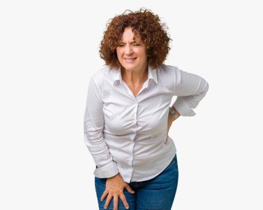 Güzel orta ager üst düzey businees kadın izole arka plan geri el ile kas ağrısı dokunmadan acı sırt ağrısı,