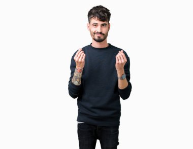 Maaş ödeme için milyoner iş soran izole arka plan yapıyor para hareketi el ile genç yakışıklı adam