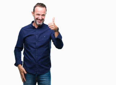 Orta yaş hareketi el ile mutlu yaşasın yapıyor izole arka plan üzerinde ağarmış komuta sizde. Kameraya bakarak başarı gösteren ile ifade onaylama.