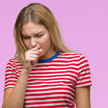 Duygu iyi ve soğuk veya bronşit için semptom olarak öksürük izole arka plan üzerinde beyaz kadın. Sağlık kavramı.