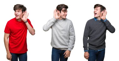 Beyaz izole arka plan bir işitme söylenti ya da dedikodu için dinleme kulak üzerinde el ile gülümseyen genç adam kolaj. Sağırlık kavramı.