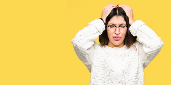 Young Beautiful Woman Wearing Glasses Suffering Headache Desperate Stressed Because — Stock Photo, Image
