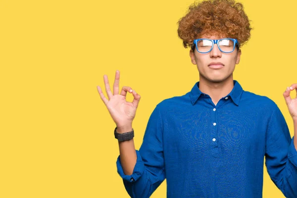 Young Handsome Man Afro Hair Wearing Blue Glasses Relax Smiling — Stock Photo, Image