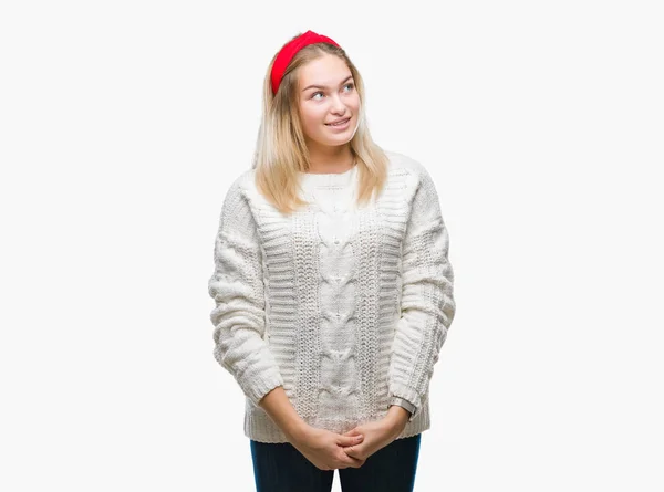 Young Caucasian Woman Wearing Winter Sweater Isolated Background Looking Away — Stock Photo, Image