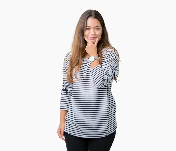 Young Beautiful Brunette Woman Wearing Stripes Sweater Isolated Background Looking — Stock Photo, Image