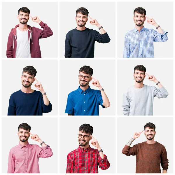 Collage Van Jonge Man Geïsoleerde Achtergrond Lachend Wijst Naar Hoofd — Stockfoto