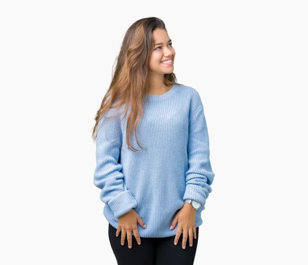 Young Beautiful Brunette Woman Wearing Blue Winter Sweater Isolated Background — Stock Photo, Image