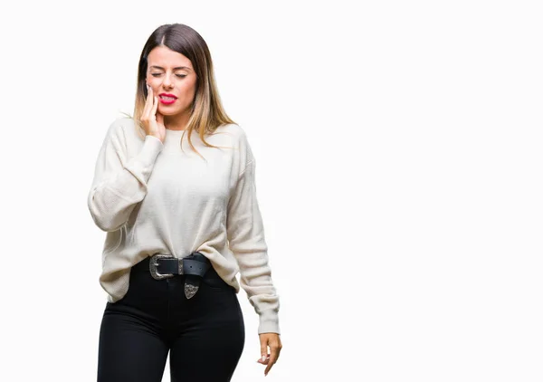 Young Beautiful Woman Casual White Sweater Isolated Background Touching Mouth — Stock Photo, Image