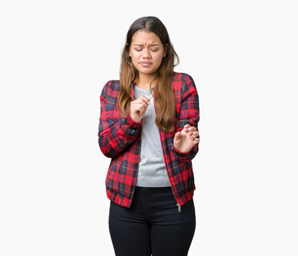 Jonge Mooie Brunette Vrouw Het Dragen Van Een Jas Geïsoleerde — Stockfoto