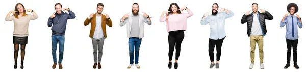 Colagem Pessoas Sobre Fundo Isolado Branco Sorrindo Confiante Mostrando Apontando — Fotografia de Stock