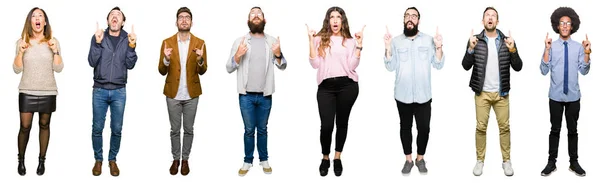 Collage People White Isolated Background Amazed Surprised Looking Pointing Fingers — Stock Photo, Image