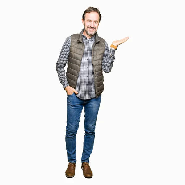 Middle Age Handsome Man Wearing Winter Vest Smiling Cheerful Presenting — Stock Photo, Image