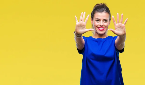 Jovem Bela Mulher Vestindo Casual Azul Shirt Sobre Isolado Fundo — Fotografia de Stock