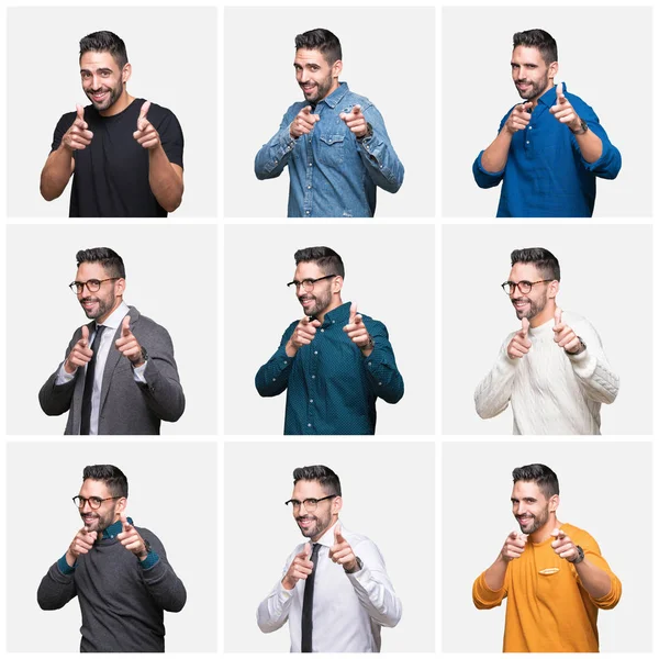 Collage Hombre Guapo Sobre Fondo Aislado Señalando Los Dedos Cámara —  Fotos de Stock